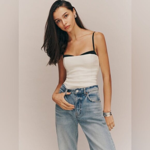 NEW Reformation Melanie Strappy Top Woven Silk Contrast Ivory White | size 2 - Picture 2 of 11